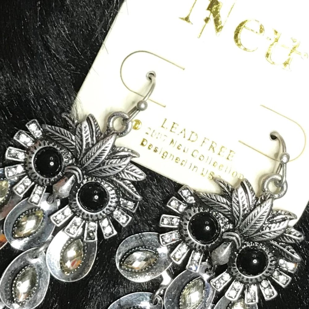 Boho Earrings Owl Silvertone Rhinestone Drops NWT - Picture 2 of 3